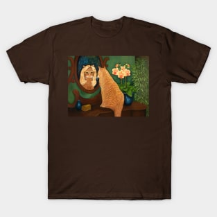 Ginger Cat Looking in Mirror with Blonde Wig T-Shirt